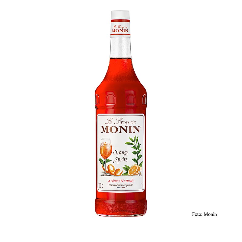 A 1 liter bottle of Monin Orange Spritz Sirup 1:8, a high-quality, versatile syrup perfect for cocktails and beverages