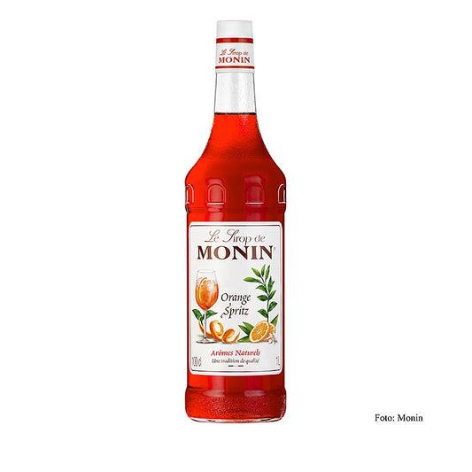 A 1 liter bottle of Monin Orange Spritz Sirup 1:8, a high-quality, versatile syrup perfect for cocktails and beverages