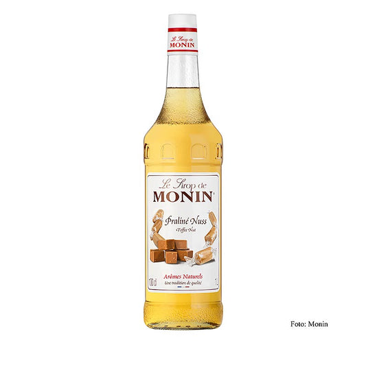 Monin Praline Nuss Sirup 1:8, 1l, Glasflasche, 1 l syrup product in a glass bottle, perfect for flavoring beverages