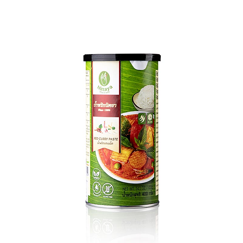 Veganer 400g Nittaya Curry Paste in roter Farbe, ideal für die Zubereitung von authentischen Currys