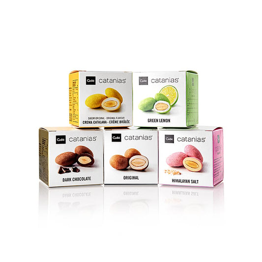 Assorted Catanies Collection Box featuring 5 different flavors of Spanish almonds, 175g total weight, each individual pack weighing 35g