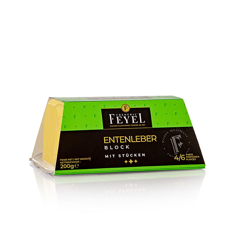 200 gram block of Feyel Foie Gras, a delicacy known as Entenstopfleberblock, displayed in trapezoid-shaped packaging (English)