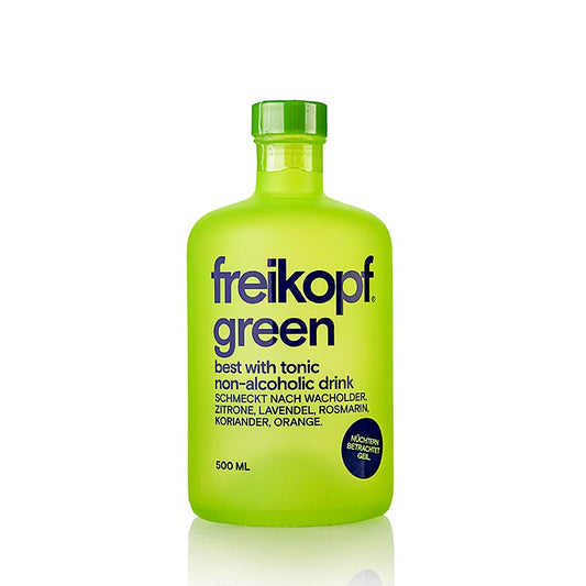 English

Alt text: Image of 500 ml bottle of Freikopf green non-alcoholic drink, best served with tonic, perfect for refreshing summer drinks