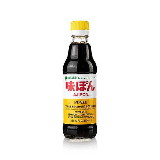 354 ml bottle of Mizkan Ponzu Ajipon, a soy sauce with citrus fruit juice, perfect for adding tangy flavor to your dishes (English)