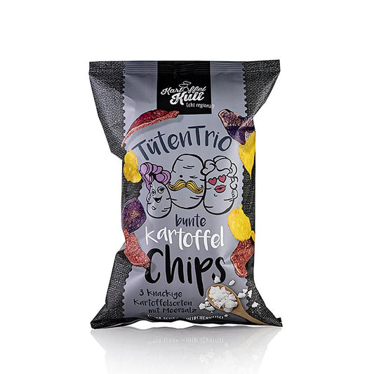 Kartoffelkult - Bunte Kartoffelchips aus verschiedenen Kartoffelsorten, handgefertigt und mit Meersalz verfeinert, 90 g