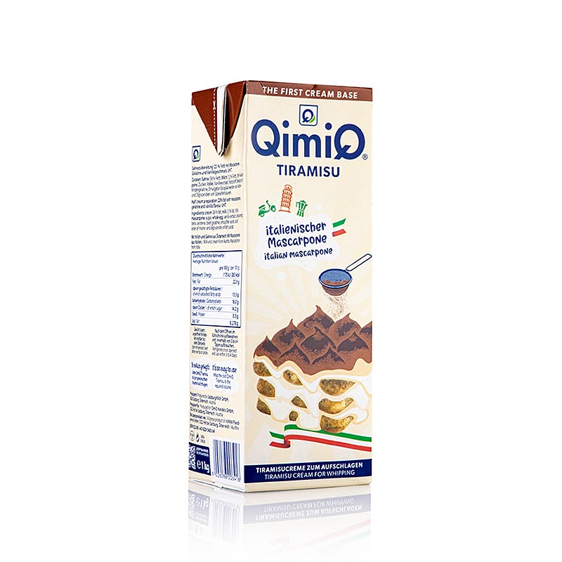 Das Bild zeigt eine Verpackung von QimiQ Tiramisu, einem aufschlagbaren Produkt in einer Größe von 1 kg