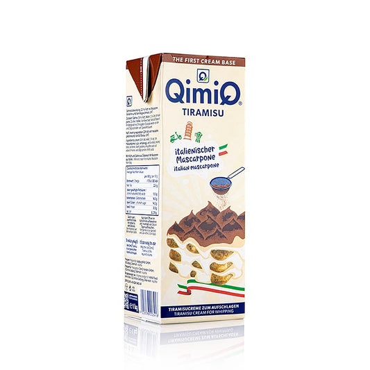 Das Bild zeigt eine Verpackung von QimiQ Tiramisu, einem aufschlagbaren Produkt in einer Größe von 1 kg