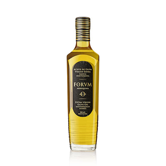 Flasche Natives Olivenöl Extra Arbequina von FORVM, 500 ml, mit goldener Etikette und grüner Kappe, hochwertiges Olivenöl aus Spanien