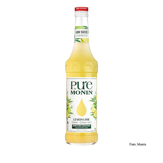 A 700 ml bottle of Monin PURE Lemon Lime (Zitrone - Limette) unsweetened syrup, with a mixing ratio of 1:25