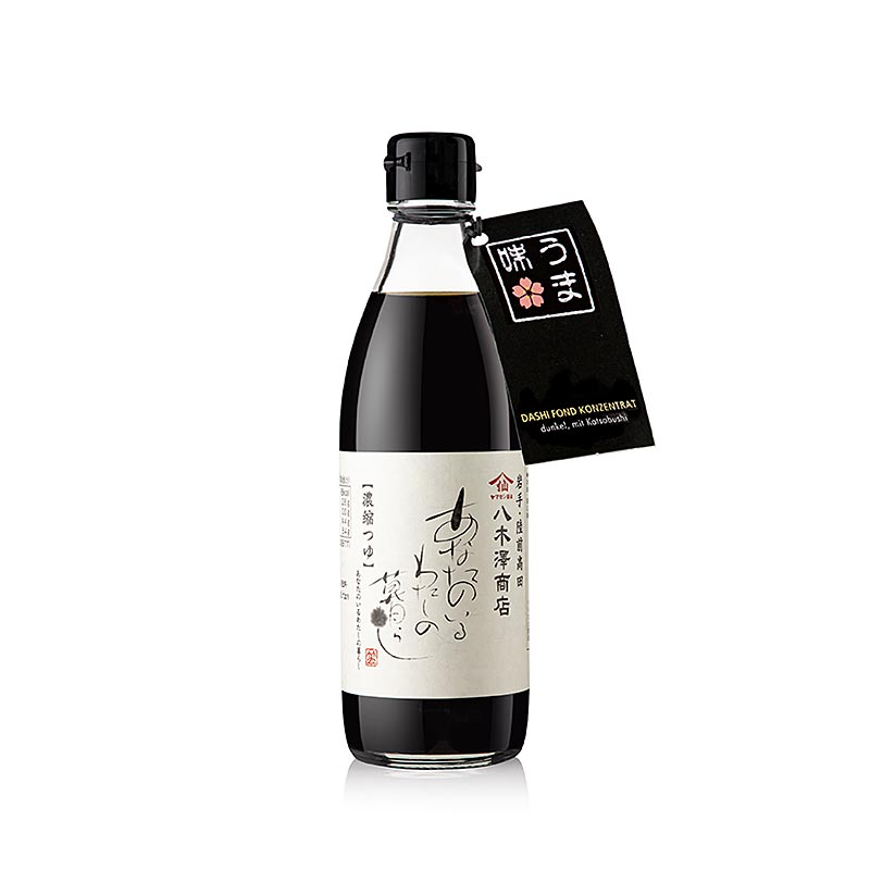 Alt text: Authentisches Dashi Fond Konzentrat aus Japan, hergestellt mit Katsobushi (Bonito) von Jagisawa, in einer Flasche mit 360 ml Inhalt