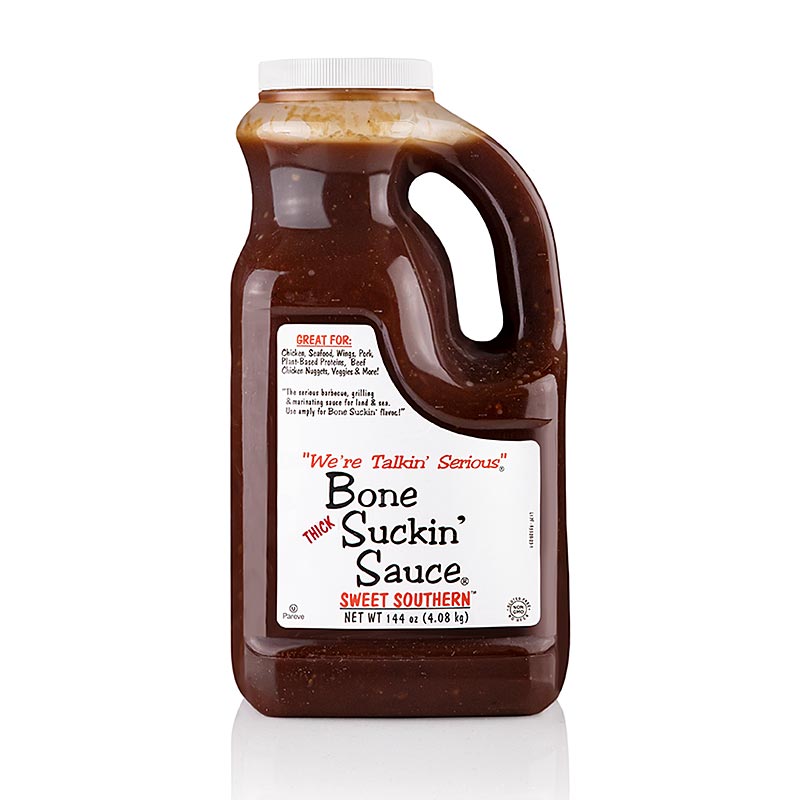 Süßer südlicher BBQ-Sauce mit dickflüssiger Konsistenz in einer 3,7-Liter-Flasche von Bone Suckin´, hergestellt von Ford´s Food