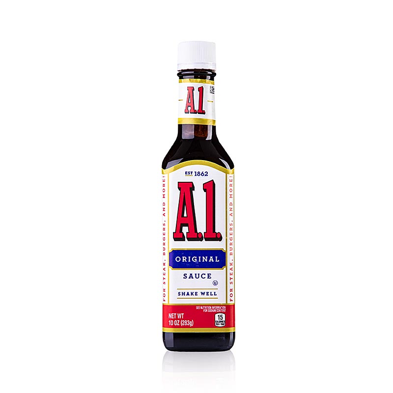 245 ml bottle of A1 steak sauce, a flavorful and savory condiment for grilled meats and dishes (English)