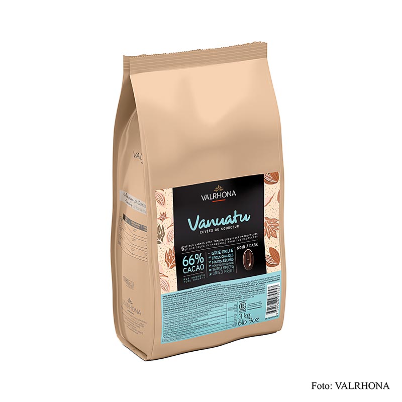 Valrhona Cuvee Vanuatu, a 66% cocoa dark couverture chocolate in 3 kg callets (44722) packaging