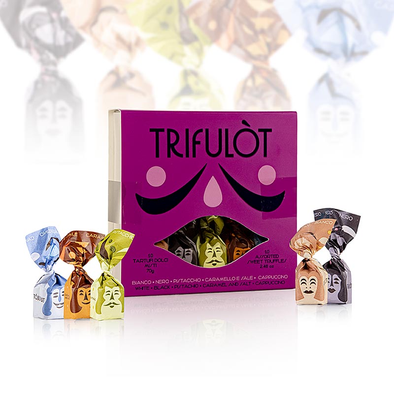 Delicious Tartuflanghe trifulòt truffle pralines from Alba, featuring 5 different varieties in a 70g box, perfect for indulgent snacking or gifting