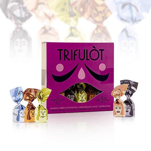 Delicious Tartuflanghe trifulòt truffle pralines from Alba, featuring 5 different varieties in a 70g box, perfect for indulgent snacking or gifting